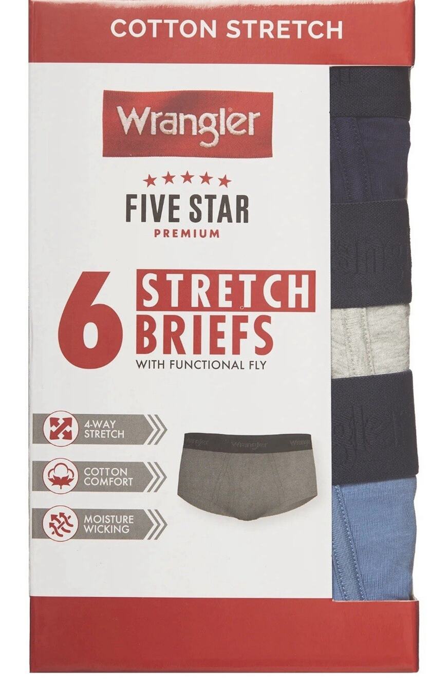 Wrangler Five Star Premium Men's Stretch Briefs Underwear 6-Pack 2XL New